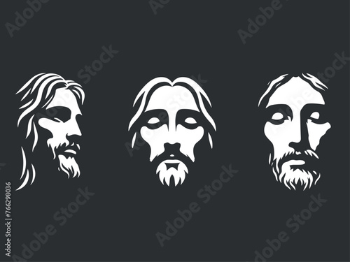 The white silhouette of Jesus' face on a black background set. simple vector illustration. logo, emblem, icon