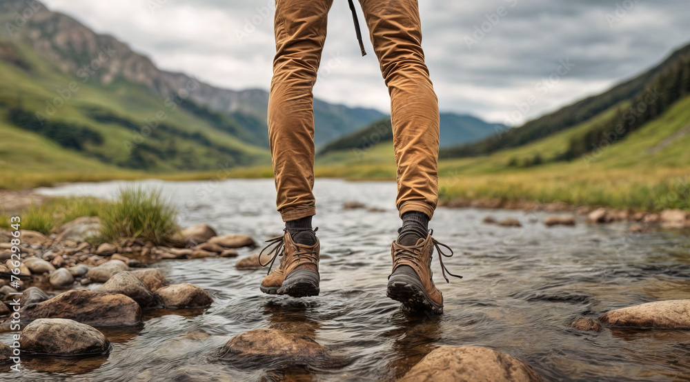 View from mountains - Hiking hiker traveler landscape adventure nature outdoors sport background panorama - Close up of feets with hiking shoes from a man or woman walking in the river View from mountains - Hiking hiker traveler landscape adventure nature outdoors sport background panorama - Close up of feets with hiking shoes from a man or woman walking in the river