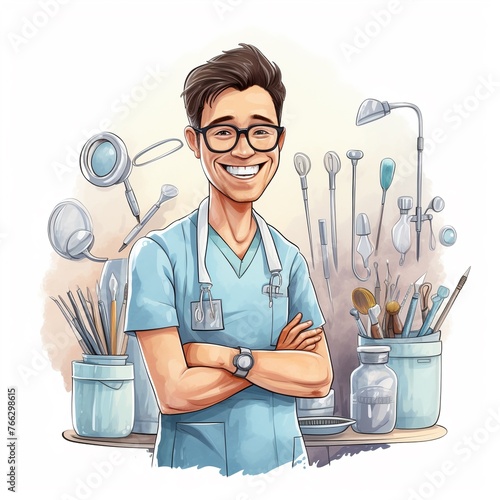 Friendly dentist with dental tools photo
