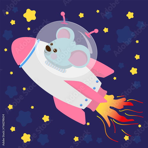 Cute cartoon space mouse flies on a rocket. Minimalistic children s character  cute stylized mouse in a flying saucer  illustration background. Trendy pattern for wrapping paper  wallpaper  stickers