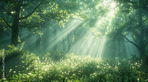 A beautiful forest scene with rays of sunlight piercing through the trees, creating an enchanting and magical atmosphere. Created with Ai photo