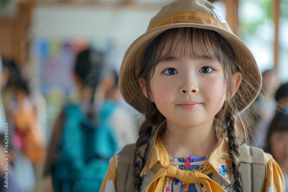 Smiling Asian girl in hat at school, selective focus Smiling Asian girl in hat at school, selective focus