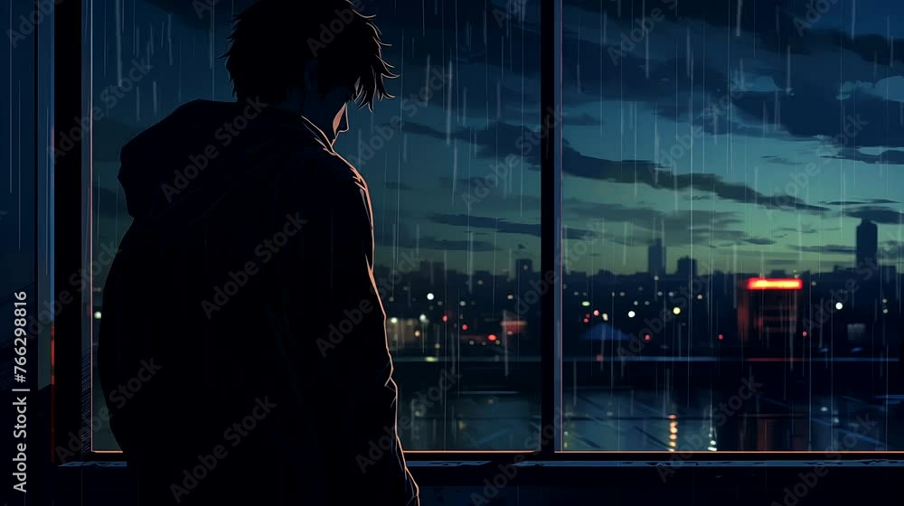 Silhouette boy observing in rain the city Beyond the Window. Fantasy landscape anime or cartoon style, looping 4k video animation background
