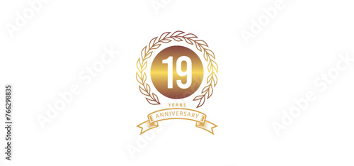 19st anniversary logo with gold, and white background photo