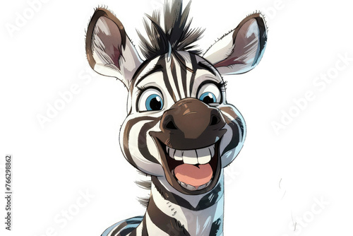 cartoon happy zebra looking at camera smiling with teeth isolated on white background. Funny animal caricature.