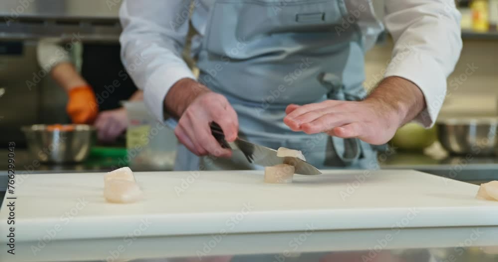 Close-up Male Hand Cut Slices of Meat. Chef Cook Prepare Exquisite Dish at Restaurant. Cooking Delicious Meal at Kitchen 4K 10-bit Slow motion 60 fps Close-up Male Hand Cut Slices of Meat. Chef Cook Prepare Exquisite Dish at Restaurant. Cooking Delicious Meal at Kitchen 4K 10-bit Slow motion 60 fps