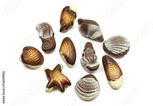 Set of seashell seahorse and starfish shaped chocolate pralines isolated on white background