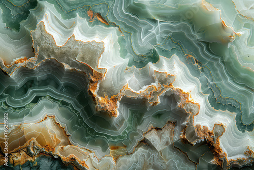 A closeup of the intricate patterns in an onyx surface, showcasing its rich green and brown hues with subtle textures that add depth to the design. Created with Ai