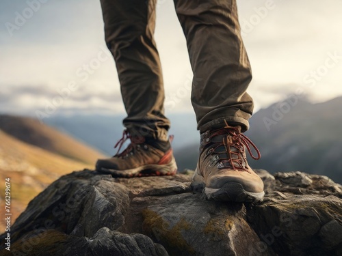 feet adorned in hiking shoes of a person standing triumphantly at the summit of a mountain