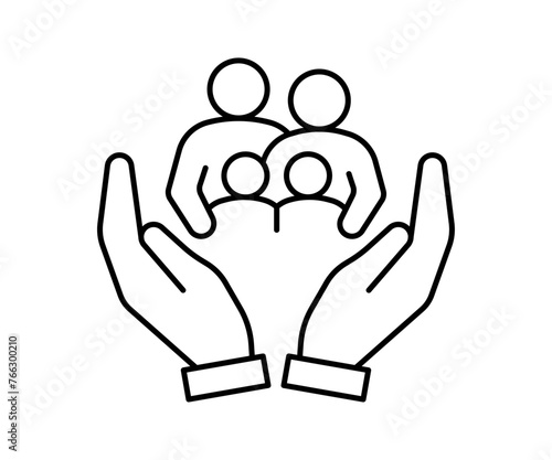 Hand support family community, kinship line icon. Care, protection, help parents and children in family. Generational connection, family research, genealogy. Volunteer support. Vector outline illustra