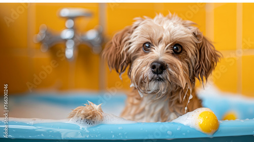 A small dog is in a bathtub with a yellow rubber ball. The dog appears to be enjoying the bath and playing with the ball. dog grooming