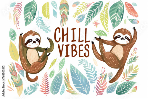 The Words "CHILL VIBES", Surrounded by Leaves and Cute Sloths