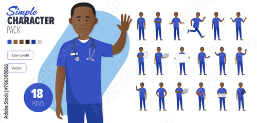 Simple flat male black nurse man vector character in a set of multiple poses. Easy to edit and isolated on a white background. Modern trendy style character mega pack with lots of poses.	 photo