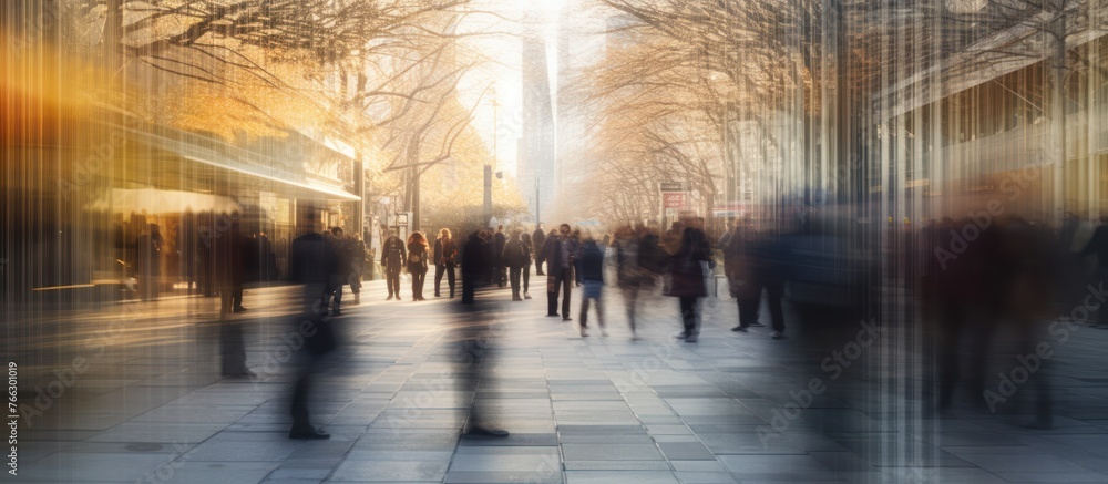 Blurred movement of people walking in the morning