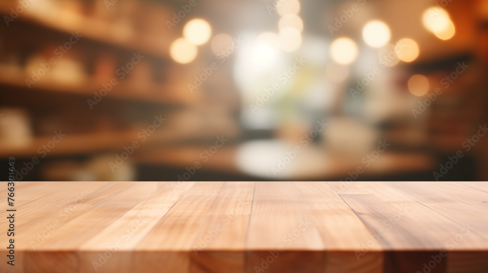 Wooden Table Top in Blurry Warm Restaurant Setting