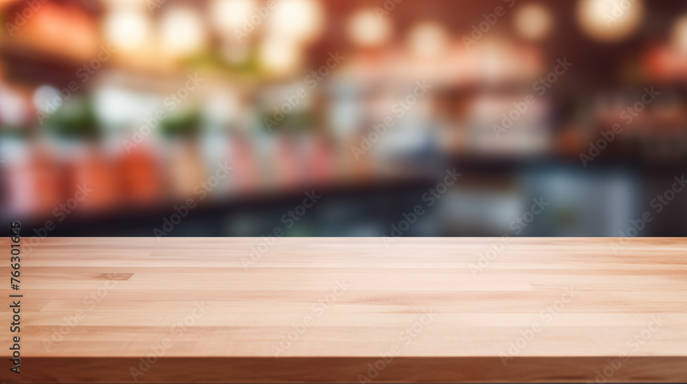 Empty Wooden Table with Blur Restaurant Background