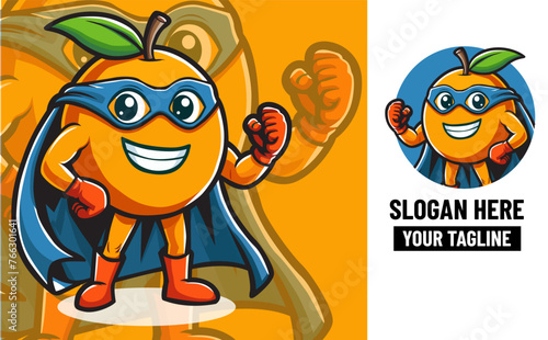 cartoon illustration of a cute superhero orange fruit character.