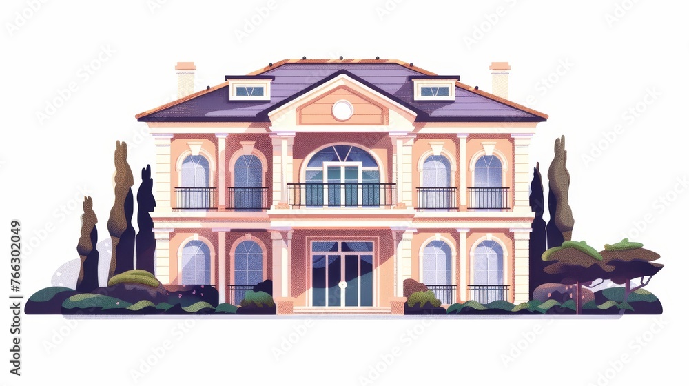 The exterior of a two-story residential building. The outside view of a home. Architectural design. Real estate, construction. Flat modern illustration isolated on a white background.