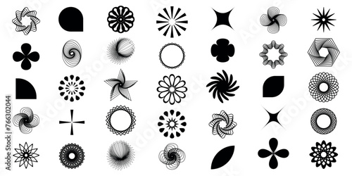 Set of geometric abstract floral shapes, set of vector icons as flowers, stylish retro brutal minimalist art. Simple collection of Memphis y2k elements, flat bauhaus template with floral mesh. 