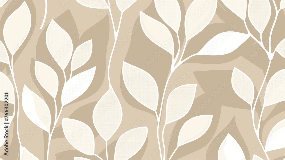 The seamless abstract floral pattern has a beige and white modern background with geometric leaf ornamentation.