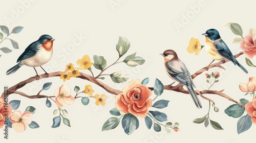 Border set with birds in a vintage style
