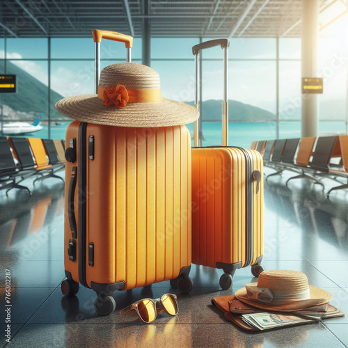 Two suitcases in the airport- travel destination, vacation, summer holiday