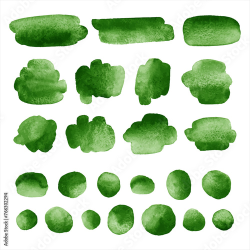 Dark green watercolor vector graphic elements set. Aquarelle brush strokes, smudges, gradient smears, oval watercolour shapes, doodle circles, paint spots, dots, round stains. Backgrounds collection