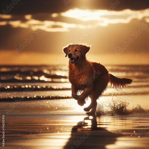 golden retriever running on beach