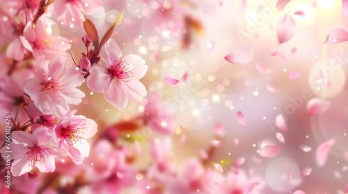 In spring, a cherry blossom branch is surrounded by falling petals and blurred transparent elements.