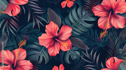 The pattern is seamless hand drawn with bright hibiscus flowers and exotic palm leaves on a dark background.