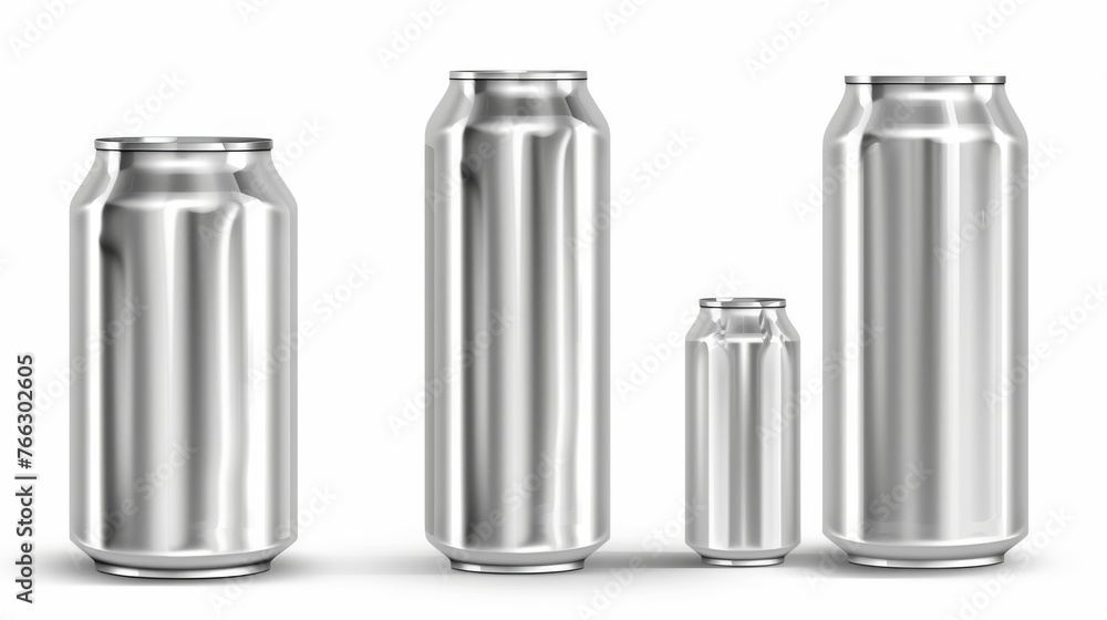 Isolated on white background are aluminum cans in different sizes for soda or beer. This modern mockup shows a realistic front view of the metal can for cold drinks. This is a 3D template with a Isolated on white background are aluminum cans in different sizes for soda or beer. This modern mockup shows a realistic front view of the metal can for cold drinks. This is a 3D template with a