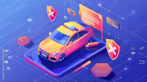 Online registration service for car crushes and damage. Modern landing page representing police report of vehicle accident with isometric illustrations of smartphone  car  and shield.