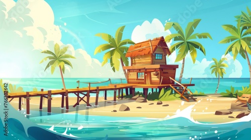 Modern cartoon illustration of tropical island, waves washing the sandy coast, exotic palm trees, and wooden bridge connecting a shabby bungalow hut to the shore.