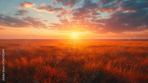 Expansive savannah grasslands at dawn the first light painting the landscape golden  soft light  sunset