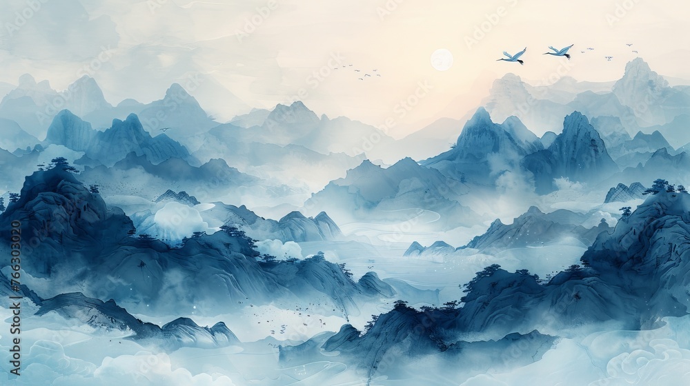 Vintage style Chinese mountain decorations with blue watercolor texture. Abstract landscape with hand drawn wave elements. Icon design of crane birds.