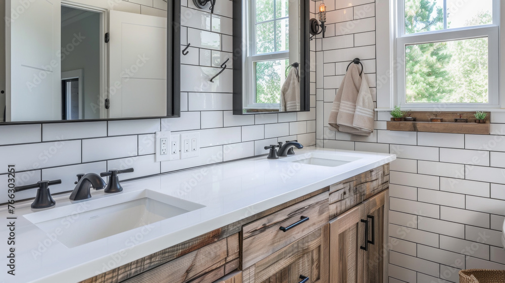 A modern farmhouse bathroom with subway tile walls, a trough sink, and matte black fixtures for a blend of rustic and contemporary style A modern farmhouse bathroom with subway tile walls, a trough sink, and matte black fixtures for a blend of rustic and contemporary style