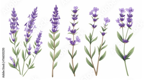 The flower of lavender  a native flower of French Provence. Lavanda stem  floral plant  herb. The blossomed lavandula in spring. Hand-drawn modern illustration isolated on white.
