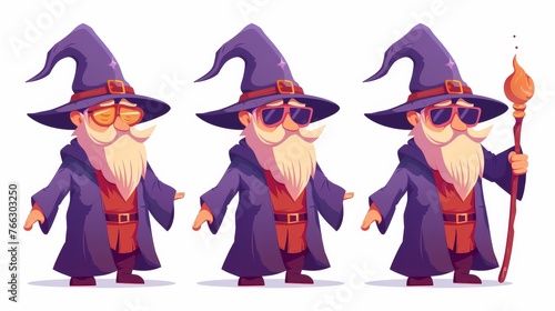 Isolated modern illustration of a magician, sorcerer, warlock and other magical characters on a white background. Dressed in sunglasses, hat. Fairy man, warlock, sorcerer.