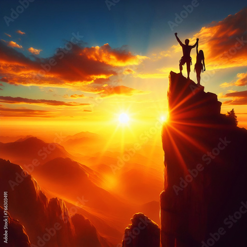 silhouette of hikers climbing the mountain at sunset