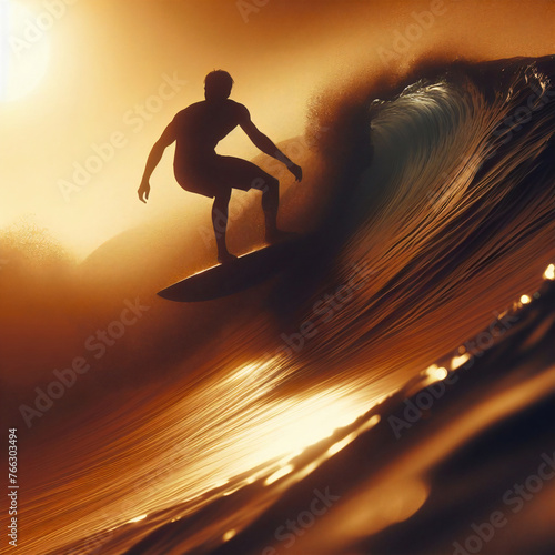 silhouette of man surfing on wave at sunset