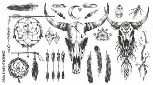 A boho style set with an ethnic bull skull, a dream catcher with feathers; arrows, crystals, branches, horns, and a moon symbol. This hand drawn modern illustration design represents hippie or