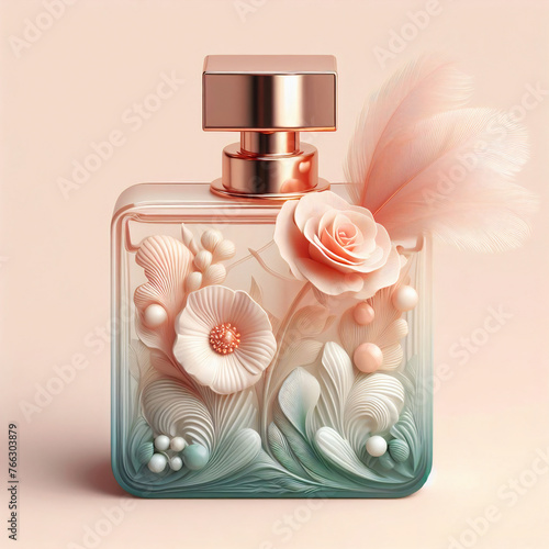 perfume bottle, glass bottle of cosmetic with creative flowers on pink pastel background