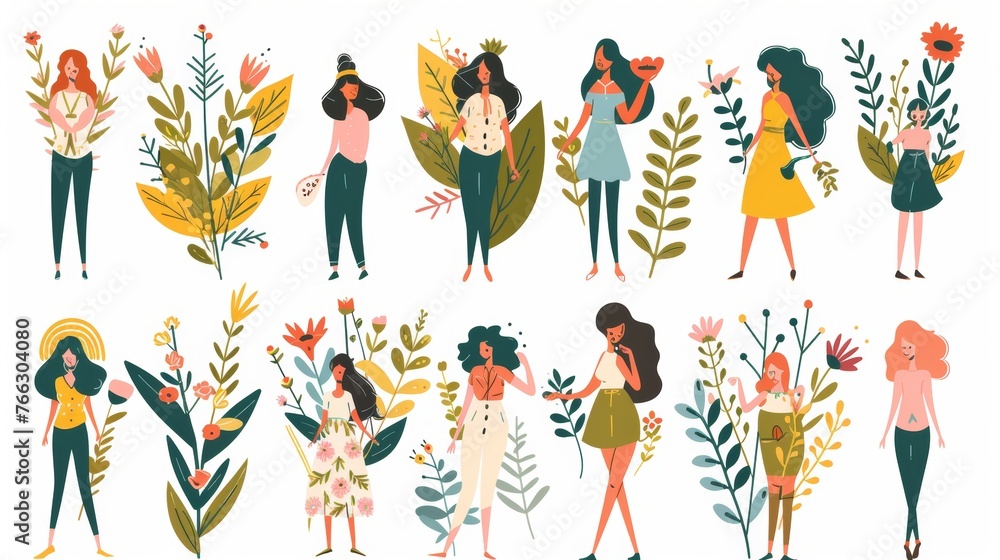 A set of modern graphics featuring female characters decorated with different flowers and leaves. A set of modern graphics featuring female characters decorated with different flowers and leaves.