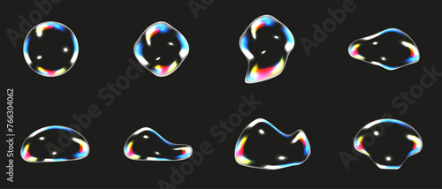 Weird Transparent Water Bubbles set isolated black background. Realistic futuristic Bubbles with gradient holographic element. Vector illustration can used web design.