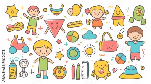 Icons and characters from kindergarten children's toys. Modern illustration in the flat design style.