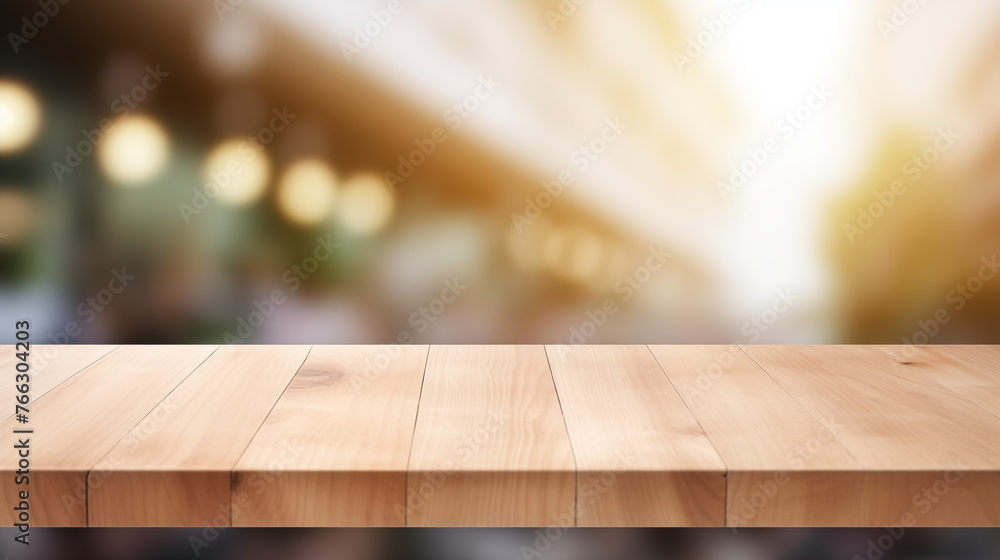 Wooden Table with Blurred Greenhouse Cafe Ambiance