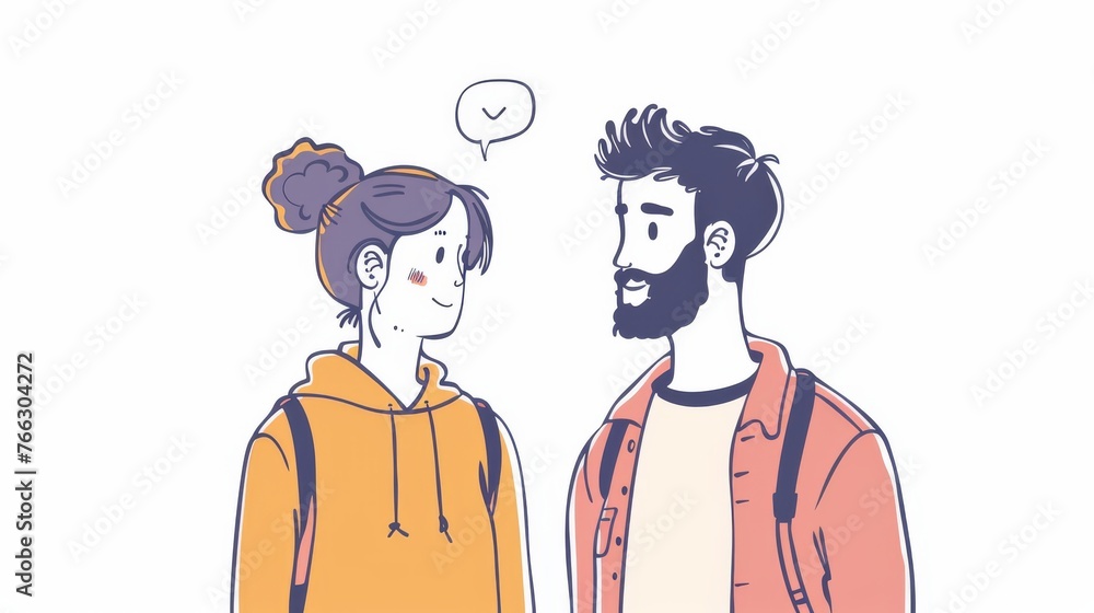 A woman and a man are looking at each other and waiting for each other's call. Design illustration of hand drawn style. A woman and a man are looking at each other and waiting for each other's call. Design illustration of hand drawn style.