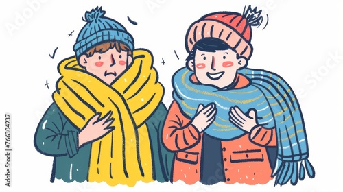 The illustration depicts a man and woman shivering in the cold, covering the blanket with their hands. It is drawn in a hand-drawn style.