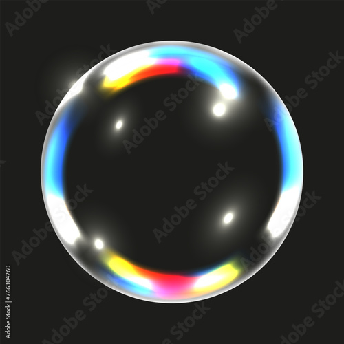 Transparent Water Bubble isolated black. Realistic soap Bubble with gradient holographic element. Glass lens. Vector illustration can used web design.