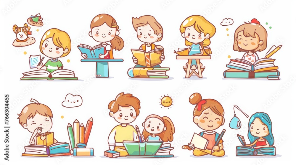 An education scene with students working hard and taking tests. A cute logo style character in an icon style. A mega set. An education scene with students working hard and taking tests. A cute logo style character in an icon style. A mega set.